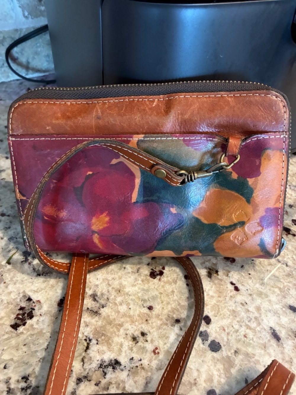 Patricia Nash Brown Leather Crossbody with Burgundy & Olive Accent - Picture 2 of 5